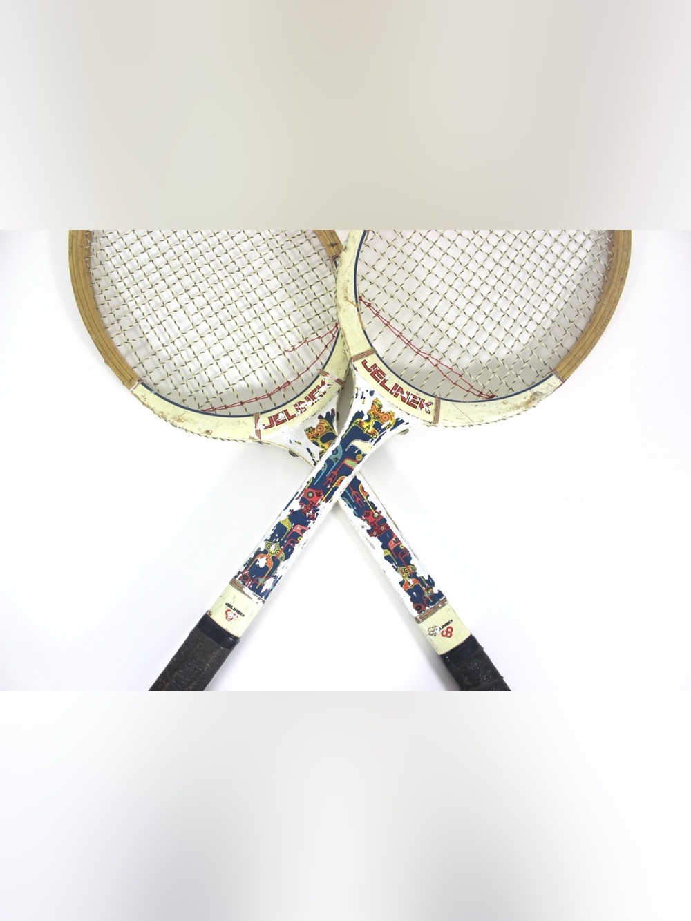 Curated Set of Vintage Wooden Tennis Rackets for Designer Decorating Two Wood Ra